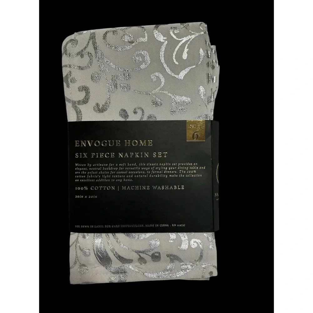 ENVOGUE HOME NAPKIN SET (6) White & Silver 100%  COTTON - NIP 20